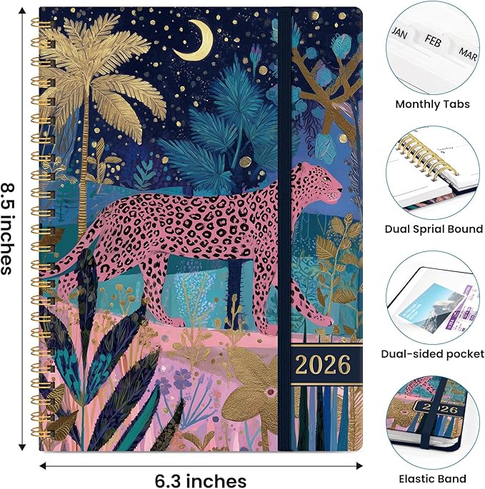 2026 Planner, Weekly and Monthly Planner for Women, January 2026 to December 2026, Pretty Hardcover 2026 Calendar Planner Book with Tabs, Inner Pocket, Spiral Bound, Perfect Office Home School Supplies - 6.3" x 8.5", Midnight Jungle