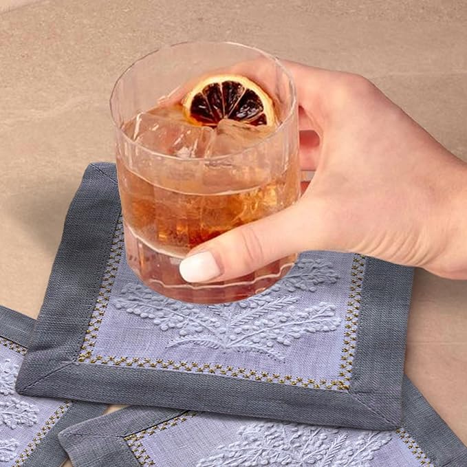 Cocktail Napkins Set of 6, 6x6 inch, 100% Linen, French Knot Hand Embroidered Floral Pattern, Reusable & Washable Napkin Coasters for Drinks, Parties, Weddings (Grey)