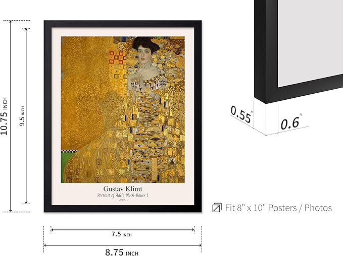 Poster Master Vintage Gustav Klimt Poster - Retro Portrait of Adele Bloch-Bauer Print - Art Nouveau - Lady in Gold Art - Gold Leaf Art - Classic Painting - Living Room Decor - 8x10 Black Framed