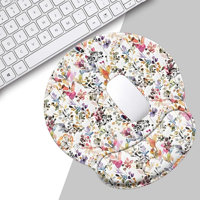 Watercolo Flowers Mouse Pad with Wrist Rest, Floral Patterns Mousepad for Desk. Premium-Textured Mouse Mat, Non-Slip Rubber Base Mousepad for Laptop, Computer & Pc