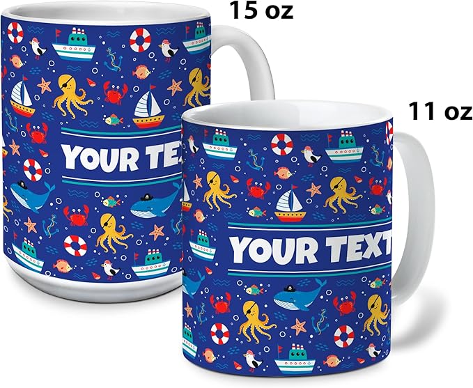 Personalized Mug for Kids - Nautical - Custom Name/Text, Ceramic Hot Chocolate/Cocoa/Coffee Cup for Boys/Girls, Birthday/Christmas/Holiday Gift - 11 oz, Black Handle