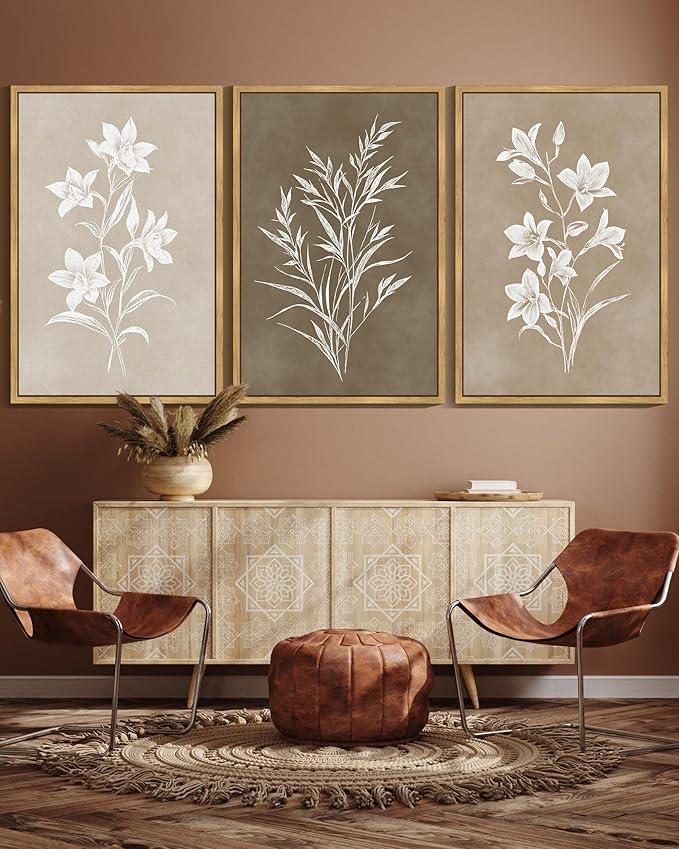 KUVIOKE Vintage Botanical Flower Framed Wall Art Colorful Neutral Boho Floral Wall Decor Botanical Retro Wildflower Modern Art Prints Rustic Home Decor 24x36in (Natural Framed)