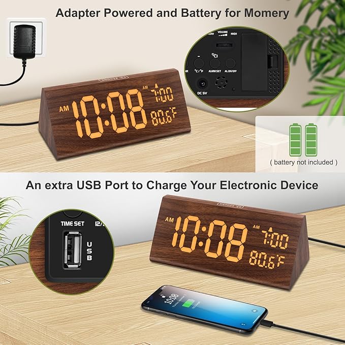 DreamSky Wooden Digital Alarm Clock for Bedroom - 7.7" Electric Clocks with USB Port, Large Numbers, Temperature, 0-100% Brightness Dimmer, Adjustable Alarm Volume, Snooze, 12/24H