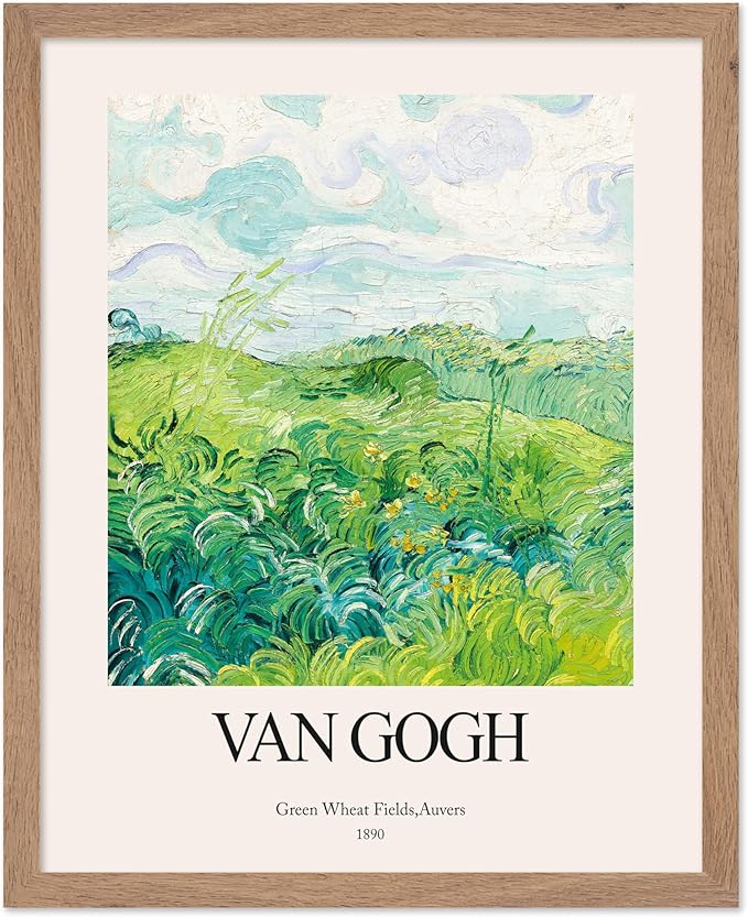 Monem Art Vintage Van Gogh Poster - Retro Impressionist Print - Green Wheat Fields, Auvers, Sky, Leaves, Landscape - Gift for Artist, Friend - Wall Decor for Home, Office, 16x20 Beige Framed