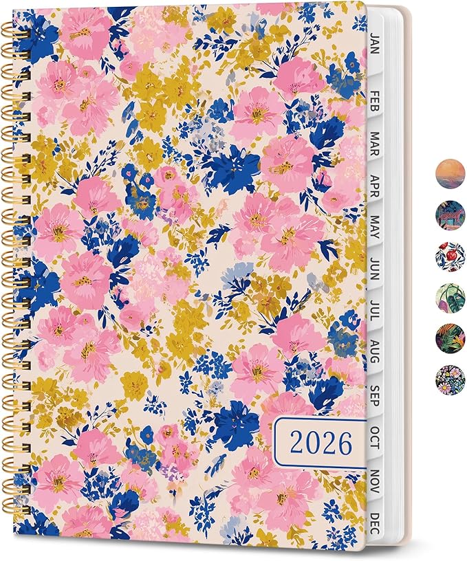2026 Planner, Weekly and Monthly Calendar Planner for Women, Jan 2026 - Dec 2026, Hardcover Planning Agenda book with Tabs, Spiral Bound, Inner Pocket, Perfect for School Office Supplies, 6.3" x 8.5" - Blooming Meadow