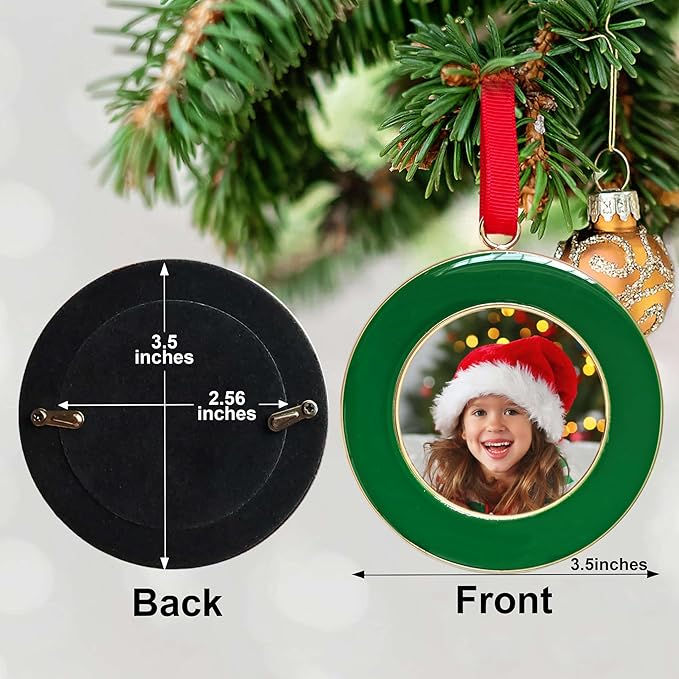 Christmas Picture Frame Ornaments - Set of 4 Green 2.5x2.5 Inch Mini Frames with Red Ribbon, Metal Photo Frames for Christmas Tree Decorations, Holiday Gift for Family & Friends