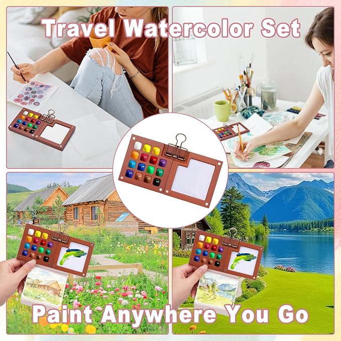 Mini Watercolor Travel Set, Tiny Watercolor Paint Set, Portable Mini Paint Kit with Walnut Wooden Box, SketchBook, Pen, Clip, Pocket Water Color Travel Kit for Painters Artists (24 Color, 15 Grids)