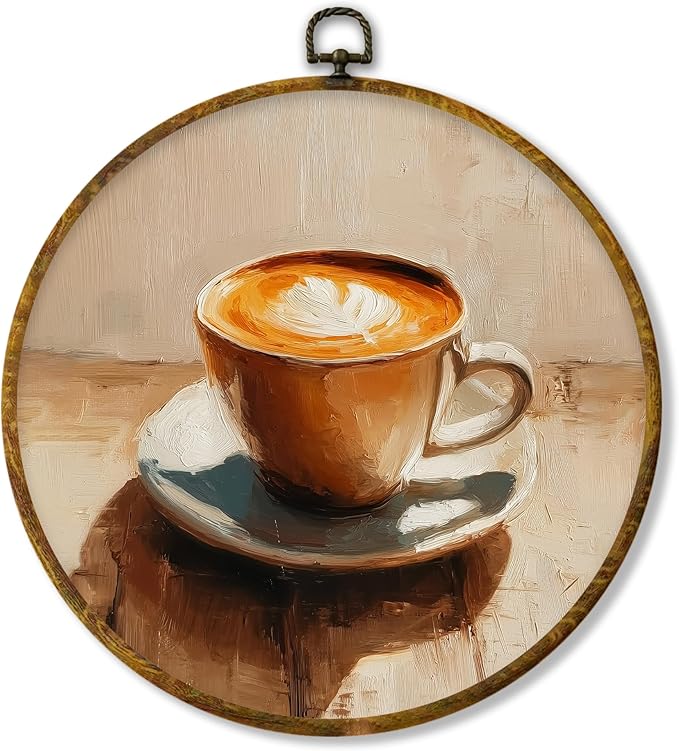 Hiuwevt Retro Coffee Round Wall Art Decor, Vintage Latte Framed Canvas Prints, Rustic Cottagecore Coffee Round Wall Hanging Decor for Home Kitchen Dining Room Decorations, 10x10 Inches