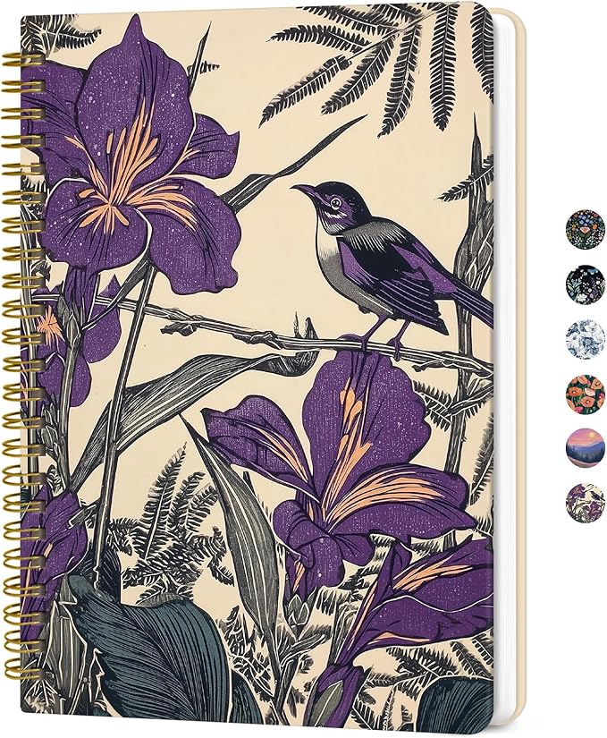 Lined Spiral Journal for Women, A5 Hardcover Cute Notebook for Work & Note Taking, Aesthetic Pretty Journal for Writing, 140 Pages, 6"x8", Iris Bird