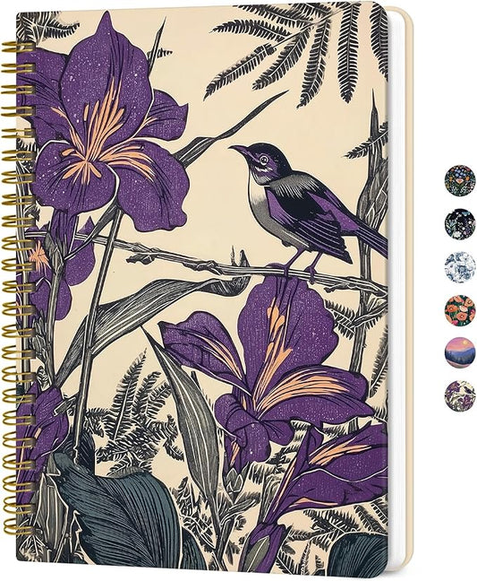 Lined Spiral Journal for Women, A5 Hardcover Cute Notebook for Work & Note Taking, Aesthetic Pretty Journal for Writing, 140 Pages, 6"x8", Iris Bird