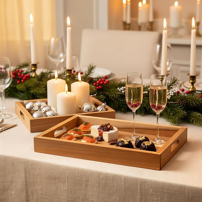 Natural Acacia Wooden Rectangular Serving Tray with Handles, Set of 2 (15"x11" & 13"x10"), Large Tray for Ottoman, Breakfast in Bed, Dinner, Coffee Table Decor & Kitchen