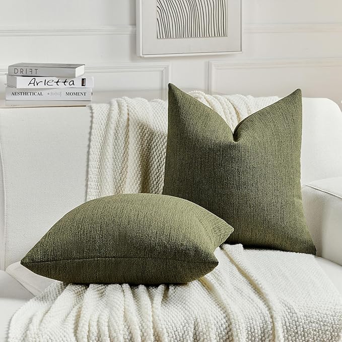 FUTEI Moss Green Chenille Decorative Throw Pillow Covers 16x16 Inch Set of 2,Soft Cozy Faux Linen Textured Cushion Case,Farmhouse Home Decor for Couch Living Room