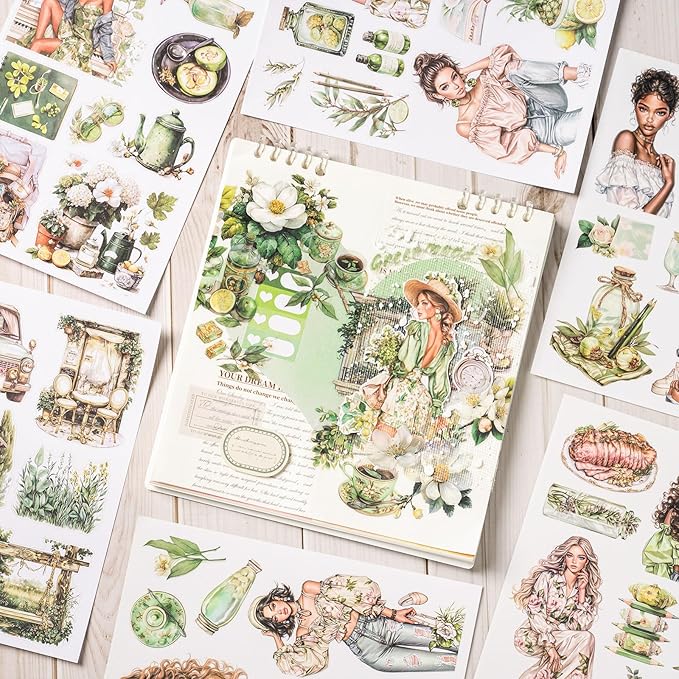 Scrapbook Sticker Book, Fresh Green Journaling Stickers, Junk Journal Supplies, Pre-Cut Aesthetic Scrapbooking for Adults, Decorative Ephemera Bullet Planner DIY Arts Craft Collage