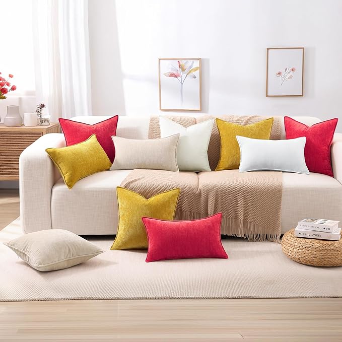 decorUhome Spring Couch Throw Pillow Covers 18x18 Set of 2, Decorative Soft Velvet Neutral Chenille Pillow Covers with Elegant Design for Sofa Bed Living Room Home Decor, Red