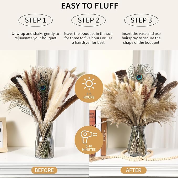 Bpole 2-in-1 Pampas Grass Decor - 100pcs Dried Pampas Grass with Natural Feathers Boho Flowers Arrangement for Vase,Home Wedding Party Centerpiece and Rustic Farmhouse Decor