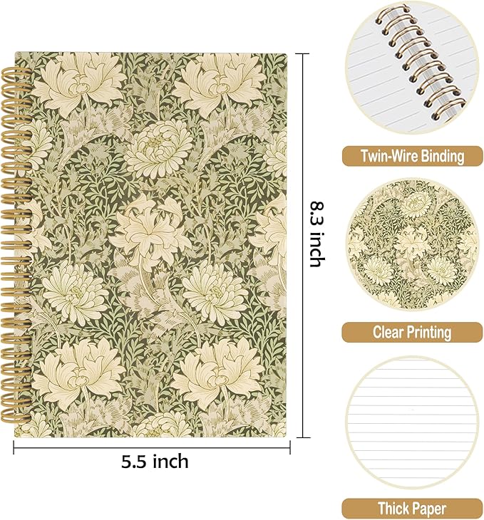 Vintage Flower Journal Notebook - Aesthetic Botanical Green Floral Notebooks College Ruled for Work School, Gifts for Women Coworker, Office Supplies, Hardcover Spiral Notebook 5.5"x8.3"