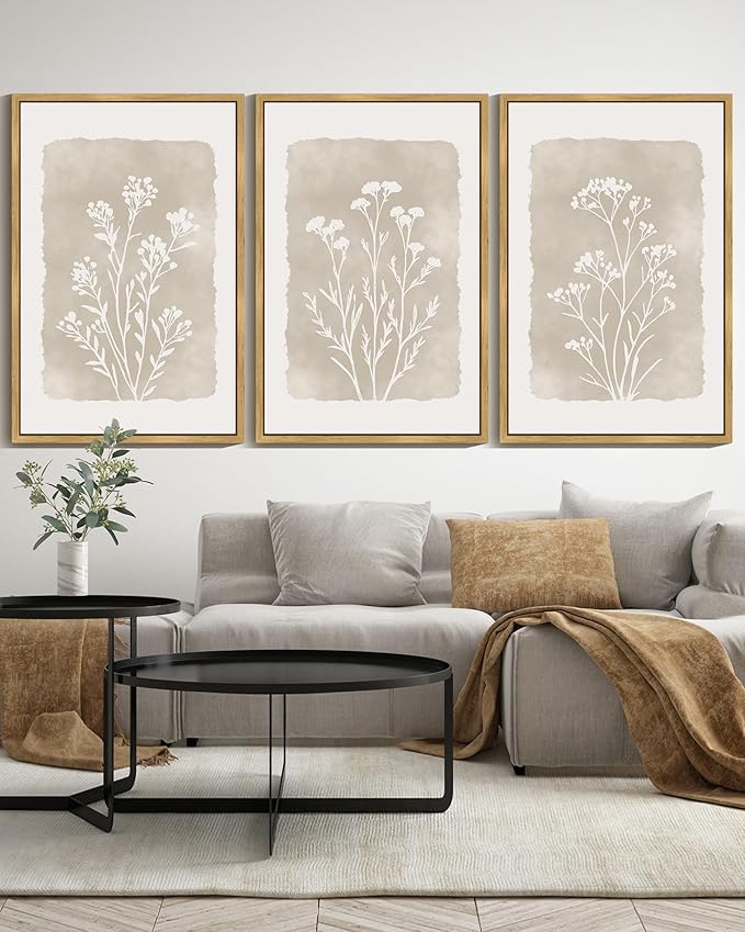 KUVIOKE Boho Botanical Flower Framed Wall Art Farmhouse Vintage Floral Wall Painting Rustic Wildflower Neutral Prints Artwork Home Decor 24x36in (Natural Framed)