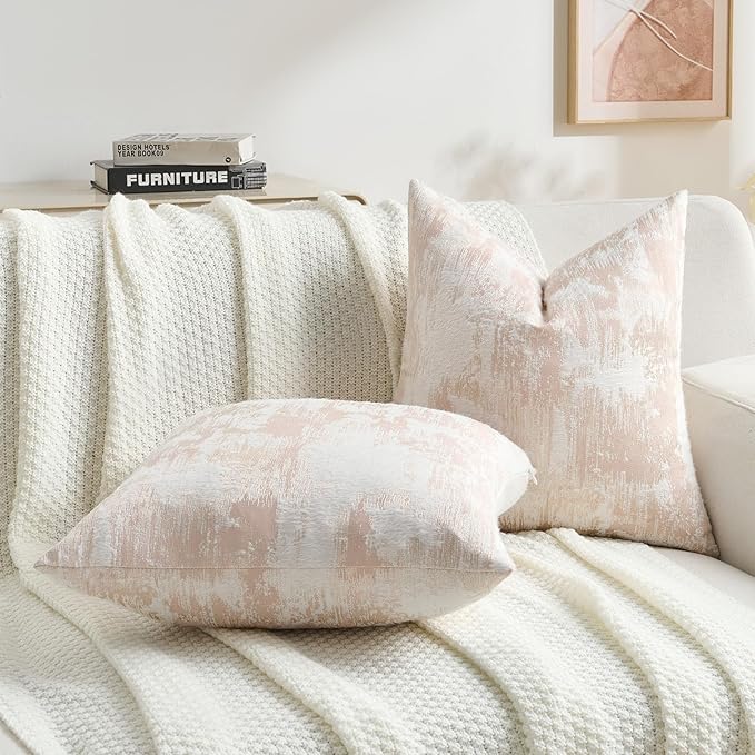 FUTEI Pink White Decorative Throw Pillow Covers 24x24 Inch Set of 2,Jacquard Weave Euro Pillow Shams in Soft Faux Cashmere,Modern Home Decor for Couch Living Room