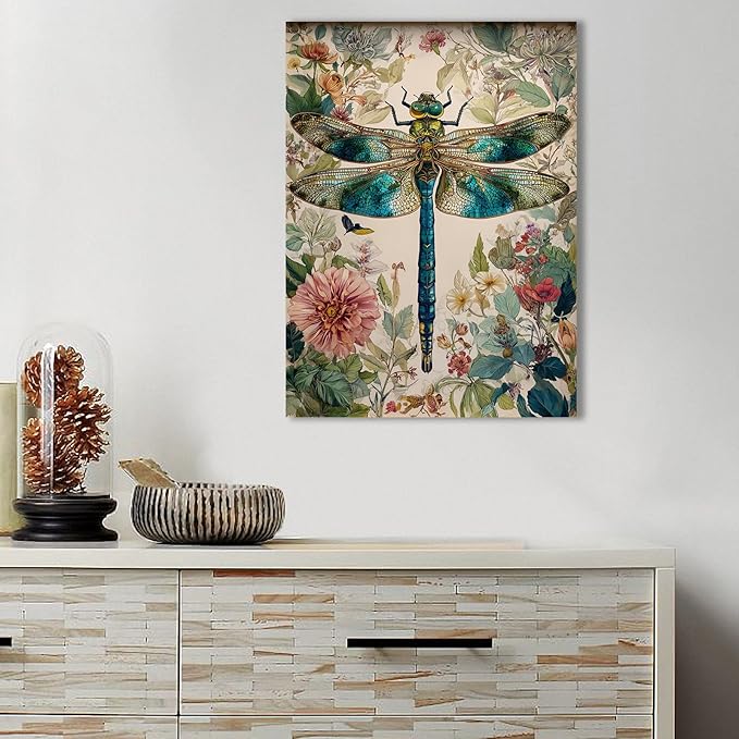 GDSRGXC Vintage Botanical Dragonfly Canvas Wall Art, Turquoise and Gold Insect Print with Floral Background, Nature Home Decor (16''x24'')