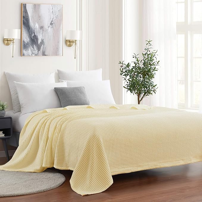 100% Fine Cotton Blanket Luxurious Weave Stylish Design Soft and Comfortable All Season Warmth, Full/Queen, Waffle Weave Lemon (Pack of 6)
