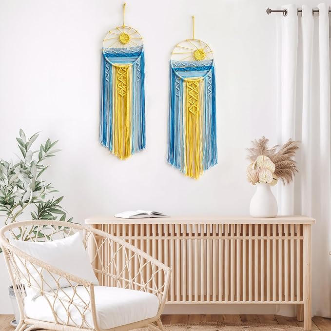 2 Pack Blue Sun Wall Decor Macrame Hanging Tapestry Sunshine Sunset Wall Art Set, Rustic Woven Tapestries Boho Dream Catcher Colorful Decor for Bedroom Living Room Nursery (Blue 2Pcs)