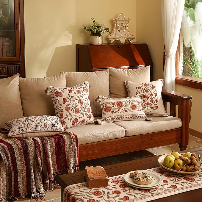 ISAENNE Design Linen Square Rectangle Vintage Throw Pillow Covers Set of 4, Red Euro Cushion Covers with Orange Floral Green Leaves Pattern Decor Pillowcases for Bed,Living Room,Outdoor,Car