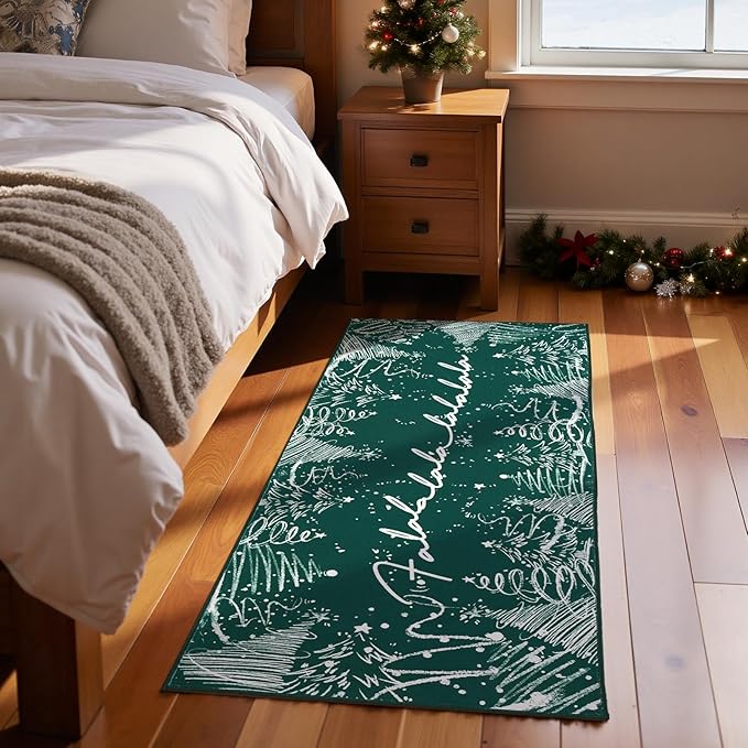 jinchan Deck The Halls Christmas Runner Rug 2x5 for Entryway Washable Christmas Tree Kitchen Rug Green Xmas Hallway Mat Non-Slip Soft Carpet Winter Festive Holiday Decor for Bathroom Porch Bedside