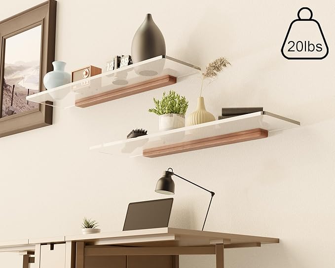 Acrylic Floating Shelves with Solid Wood Base, Wall Mounted Shelf for Plants, Perfume, Nail Polish, Bathroom, Bedroom & Living Room Décor