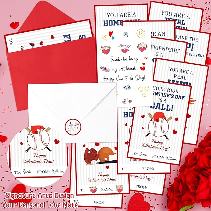 TICIAGA 72pcs Valentine’s Day Baseball Greeting Cards with Envelop and Stickers for Kids, 4 x 6 IN Sporty Design Baseball Exchange Gift Cards for Boys Girls Classroom Supplies, Valentines Party Favors