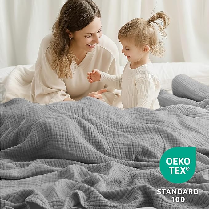 100% Cotton Muslin Blanket Large 50" x 70", 6 Layers Breathable and Lightweight Cotton Throw Blanket for Bed and Couch, Soft Quilt Bedspread, Gauze Blanket for Adults All Season, Grey