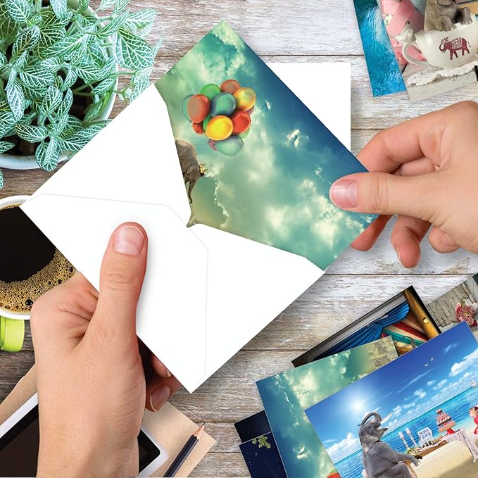 The Best Card Company - 10 Blank Animal Cards Boxed (4 x 5.12 Inch) - Assorted Pets, Zoo, Wildlife Cards for Kids - Elefantasy M6579OCB
