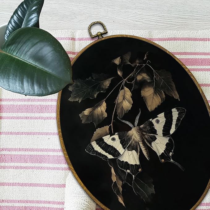 Mcehtle Vintage Butterfly Wall Art Decor, Dark Moody Cottagecore Moth Insect Botany Oval Framed Canvas Prints 8.6x11.4, Neutral Farmhouse Wall Hanging Artwork Decorations for Gallery Home Living Room