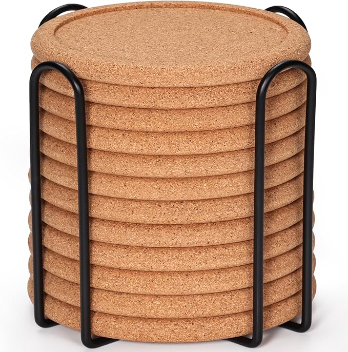 Cork Coasters for Drinks with Metal Holder, GOH DODD Absorbent Blank Coasters Tabletop Protection Home Decor for Housewarming Gifts Wedding Laser Engraving Wood Burning, Set of 12, Round, 4 Inch