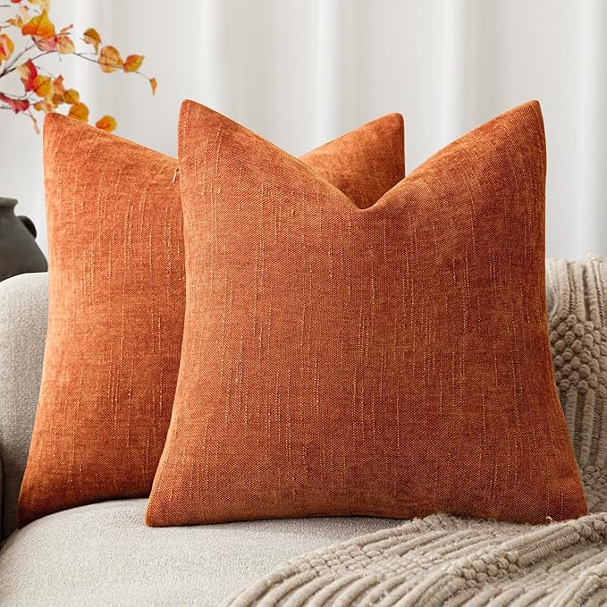 Foindtower Pack of 2 Soft Textured Chenille Throw Decorative Pillow Covers Square Accent Solid Cushion Cover Cozy Neutral Farmhouse Pillow Case for Couch Sofa Bedroom Living Room 24x24 Inch,Orange