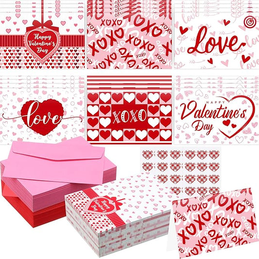 240 Sets Valentine's Day Cards with Envelopes Stickers Bulk Assortment Foldable Love Heart Greeting Cards Red Pink Envelopes for Valentine's Day Anniversary Wedding (Romantic)