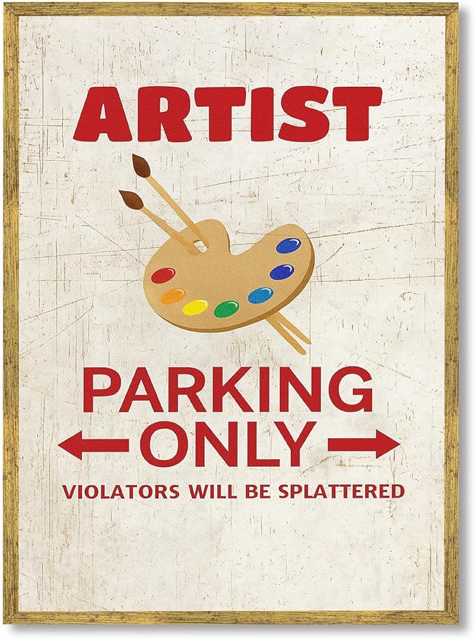 Vintage Framed Artist Parking Only Canvas Print Oil Paintings Reproduction World Classics Retro Poster Painting Pictures Wall Decor Whimsical Home Decor for Office Dorm Room (Wood Framed,12L x 16W)
