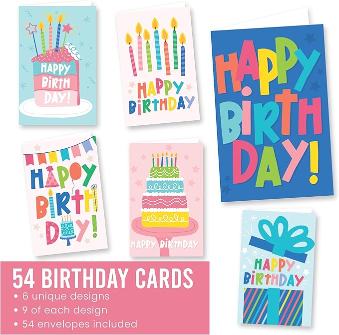 Hadley Designs Happy Birthday Cards Bulk with Envelopes - 54 Assorted Birthday Cards for Kids & Adults, Bulk Greeting Card Pack for Office, Generic Bday Notecards with Envelopes, Designed in USA