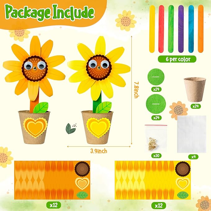 WATINC Mother’s Day Foldable Flower Paper Pot Craft Kits - 24 Packs Make Your Standing Flowers Gift Crafts Decorations, Fun DIY Decor Home School Classroom Art Activities for Mom (Flower)