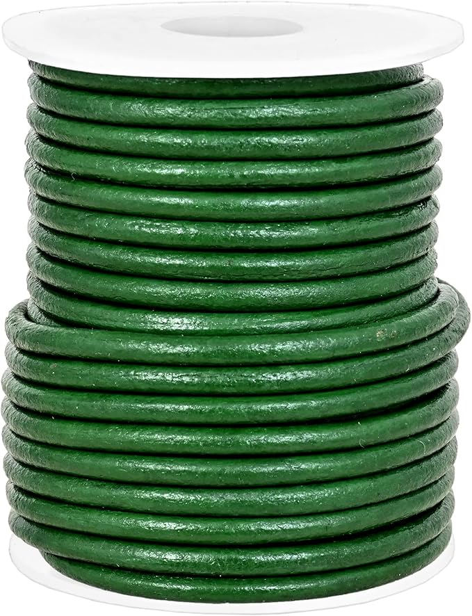 GENIQUE Real/Genuine Round Leather String Cord for Necklace, Bracelets, Jewelry, Kumihimo Braiding, DIY Projects (10 Metres) (3mm, Green)