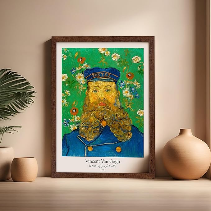 Monem Art Vintage Van Gogh Poster - Retro Portrait of the Joseph Roulin Print - Impressionism Art - Postman Art - Fine Art - Classic Painting Art - Living Room Wall Decor - 16x20 Brown Framed