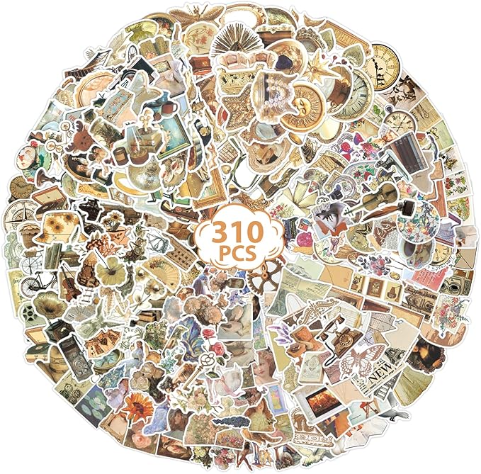 310 PCS Vintage Stickers, Scrapbook Sticker, Aesthetic Stickers for Adults Teens Girls, Waterproof Retro Design Vinyl Decals for Water Bottles, Scrapbooking, Journaling, Laptop, Kindle, Luggage