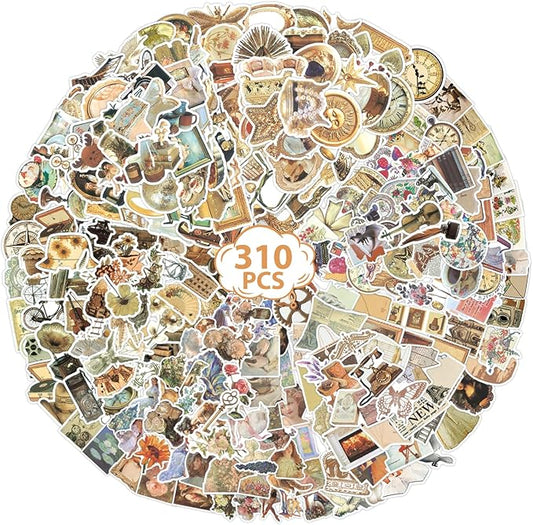 310 PCS Vintage Stickers, Scrapbook Sticker, Aesthetic Stickers for Adults Teens Girls, Waterproof Retro Design Vinyl Decals for Water Bottles, Scrapbooking, Journaling, Laptop, Kindle, Luggage