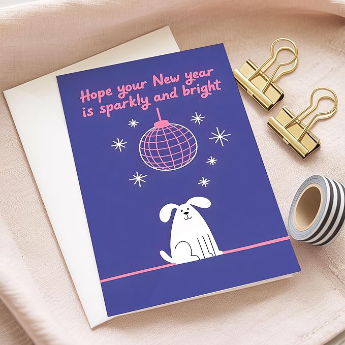 (5.3x8in) Hope Your New Year Is Sparkly and Bright Card with Envelope, Cute Dog and Disco Ball Design, Fun New Year Greeting for Friends, Family, Coworkers, and Pet Lovers (Xmas 30)