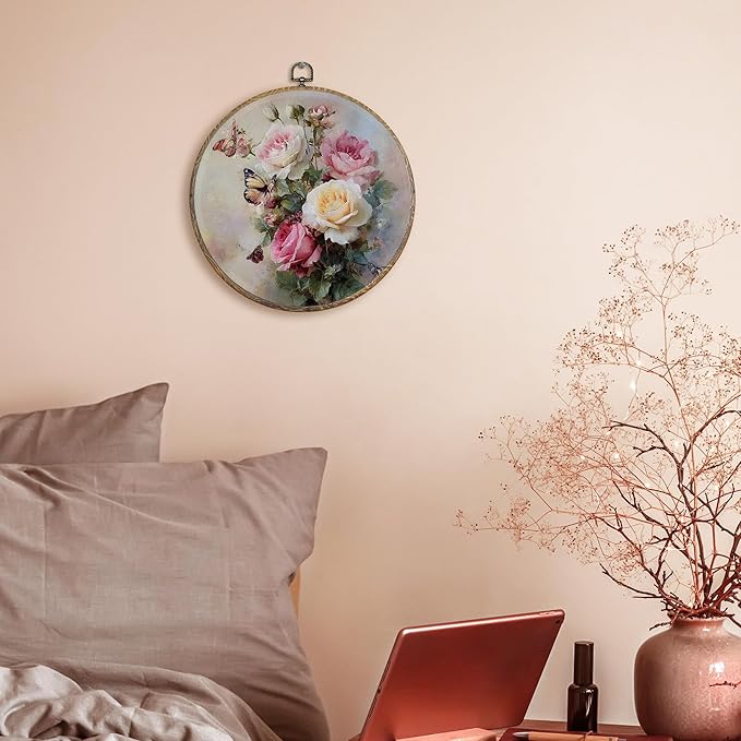 FUGWN Vintage Rose Butterfly Round Wall Art Decor Framed, Cottagecore Floral Botanical Canvas Artwork Prints, Rustic Farmhouse Flower Wall Hanging Decorations for Home Bedroom Living Room, 10x10 Inch
