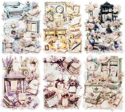 90PCS Vintage PET Stickers, Flowers, Typewriters, Books, Lace & Letters in Retro Aesthetic Style, Transparent Waterproof Stickers for Scrapbook, Journal, DIY Crafts & Decoration