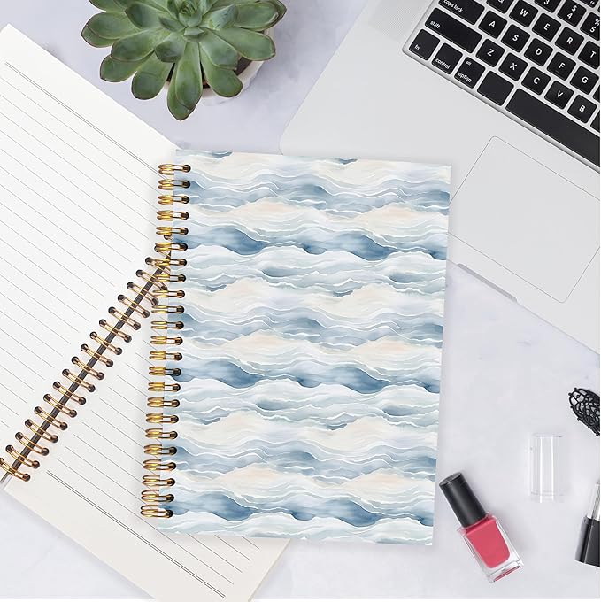 Blue Beach Waves Notebook, Coastal Ocean Journal, Preppy Beach Aesthetic Hardcover Spiral Notebook Journal for Note Taking, Blue Office Supplies, 5.5x8.3 Inch
