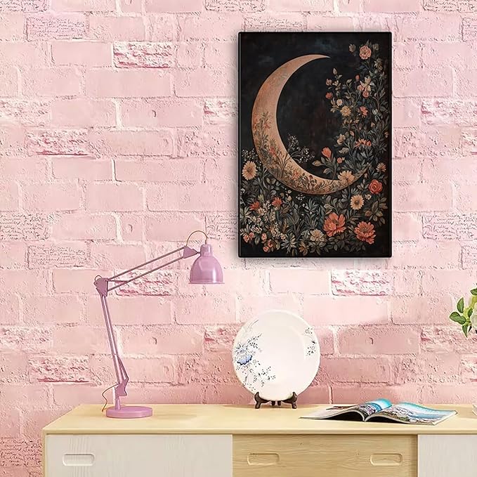 Crescent Moon Floral Canvas Poster Modern Trendy Lunar Wall Art Vintage Dark Celestial Painting Prints Whimsical Botanical Aesthetic Home Decor for Bedroom Living Room 12x16inch Metal Black Framed