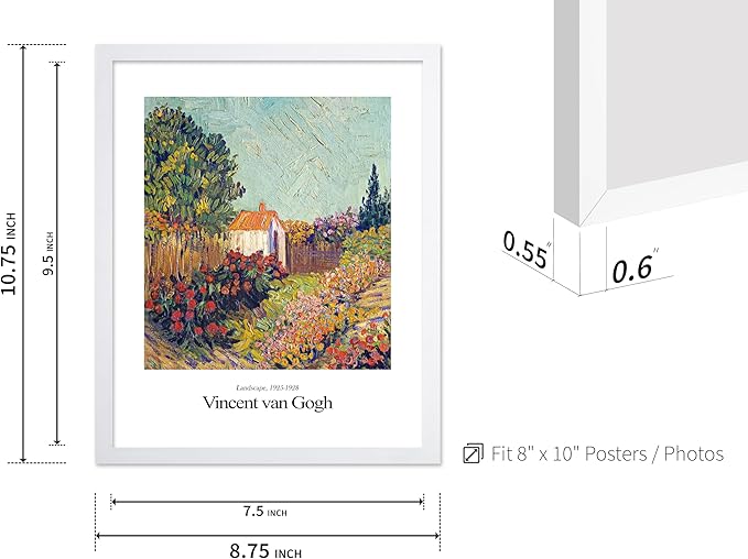 Monem Art Vintage Van Gogh Poster - Retro Impressionist Print - Flower Garden, Cottage, Sky, Colorful, Landscape - Gift for Artist, Friend - Wall Decor for Home, Office, 8x10 White Framed
