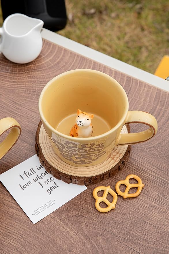 DIHOclub Leopard Coffee Cup Ceramic 3D Wild Animal Inside Mug,Cute Cartoon Handmade Figurine Mugs,Holiday and Birthday Gift for Coffee Milk Tea Lovers,12 OZ (Yellow Leopard)