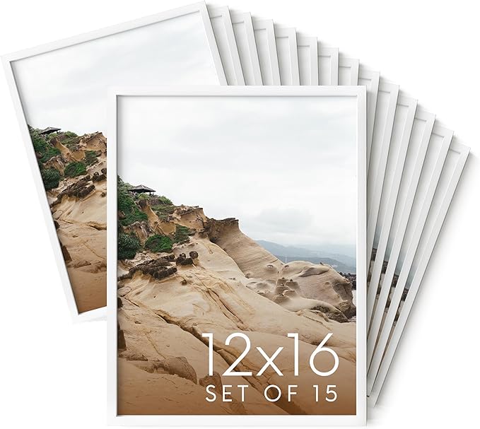 HAUS AND HUES 12x16 White Metal Picture Frames - Features Premium Aluminum, Vertical & Horizontal Hang, Shatterproof Plexiglass - Perfect for Home, Room, Office (12x16 in, White, Set of 15)